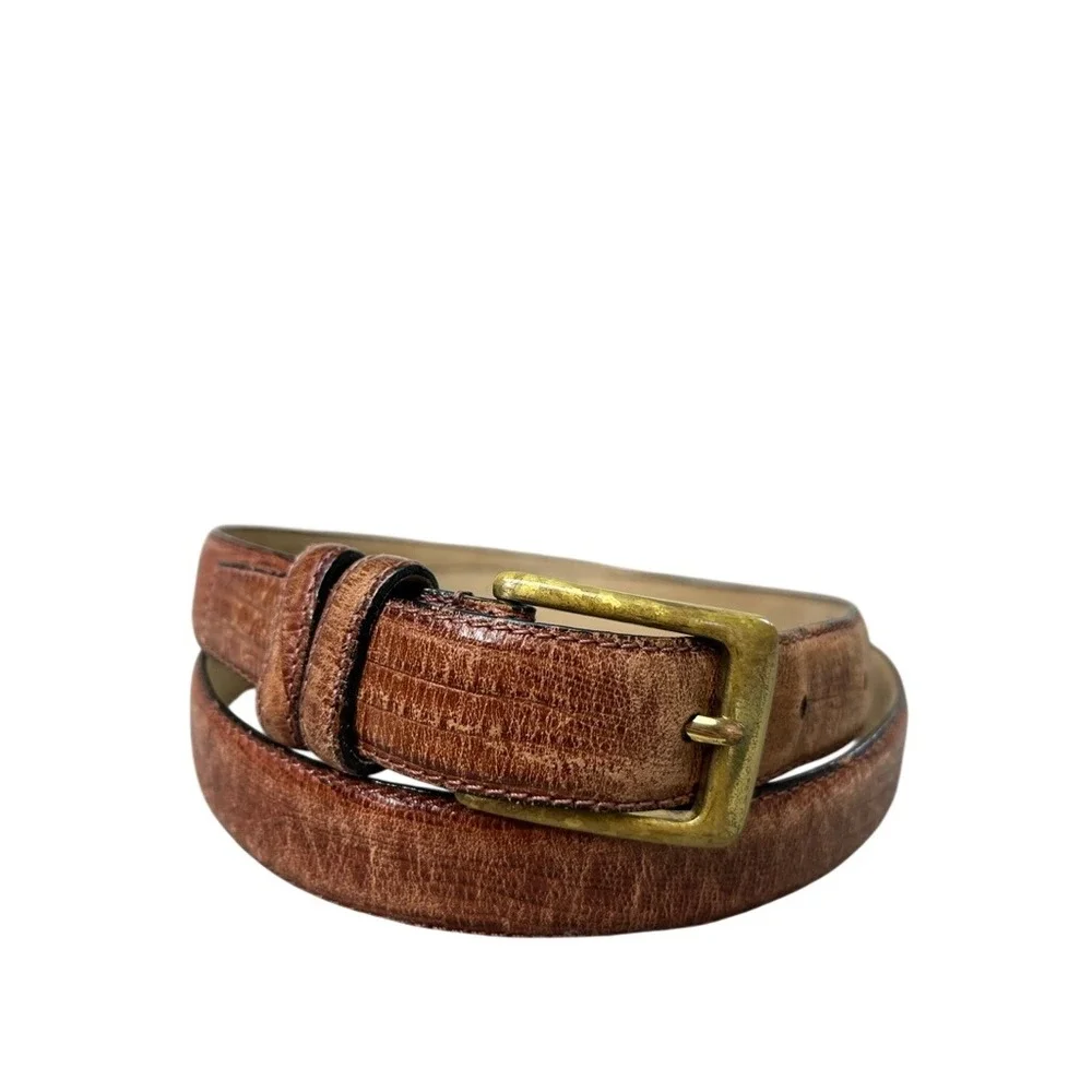 Liberty of London Mens Brown Lizard Grain Leather Belt Brass Buckle Size 36 90